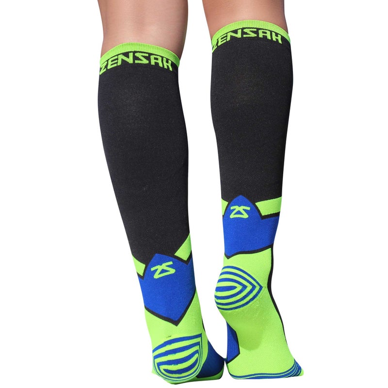 Zensah Tech+ Compression Socks - Knee High Running Socks for Sports, Travel, Made in Italy (Black/Yellow/Blue, Large) - Image 5